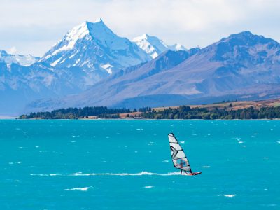 Windsurfer on Lake Pukaki with Mount Cook in the background
