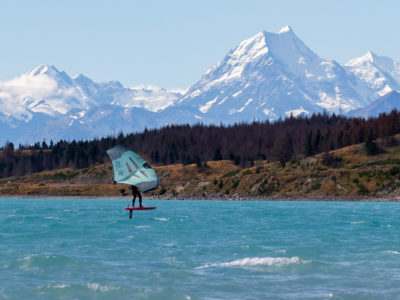 Wingfoiler on Lake Pukaki with Mount Cook in the background